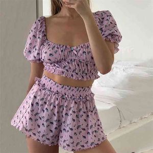 Mjuka tvåstycken sätter overaller Blommigryck Playsuit Romper Top Shorts Passar Bomull Lösa Jumpsuits för Kvinnor 210427