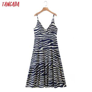 Tangada Moda Kobiety Niebieski Zwierząt Druku Wiskose Dress Bez Rękawów Backless Backles Backper Female Casual Długa Dress 8H59 210609