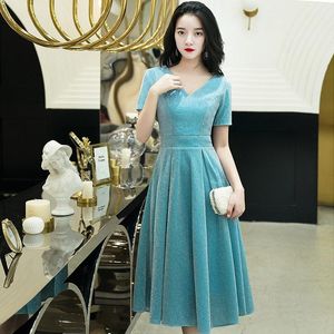 Odzież Etniczna V-Neck Sexy Cheongsam Plised Blue Prom Party Dress Suknia Krótki Temperament Qipao Zipper Vestidos Elegancki bankiet Robe de soi