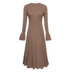 PERHAPS U Brown Solid Knitted Stand Collar Long Sleeve Midi Dress Autumn D0630 210529