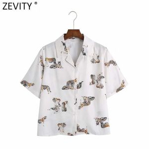 Zevity Women Turn Down Collar Tiger Print Smock Blouse Office Lady Short Sleeve Animal Shirts Chic Summer Blusas Tops LS9354 210603