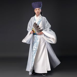 Hanfu Man Etniska Kläder Kinesiska Ancient Style TV Film Performance Stage Wear Ministers kläder De tre Kingdoms-perioden Zhuge Liangs kostym