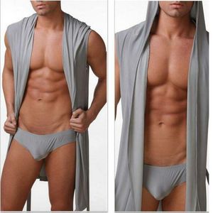 Sovkläder för män Set Bekväma Fritidsbadrockar Ärmlös Viskos Sexig Huvrock Hemkläder Herr Loungekläder Trosor