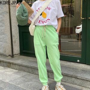 Korejpaa Women Sets Summer Korean Chic Round Neck Lemon Letters Short-Sleeved T-Shirt High-Waisted Straight Leg Trousers 210526