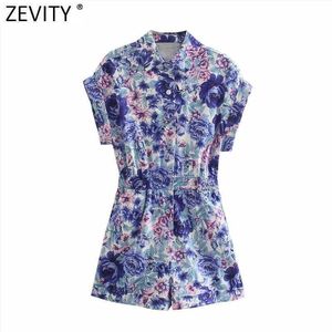 Zevity Frauen Mode Kurzarm Blumendruck Slim Playsuits Weibliche elastische Taille Shorts Siamese Chic Casual Strampler DS8175 210603