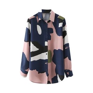 Streetwear Women Tie-Dye Print Skjortor Mode damer Kontrastfärg Toppar Causal Kvinna Chic Vänd ner Krage Blusar 210527