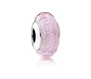 Top-Qualität aus 925er-Sterlingsilber, glitzernde, durchscheinende rosafarbene Muranoglas-Lampwork-Perlen, passend für europäische Pandora-Charm-Armbänder, Halsketten, DIY-Schmuck