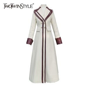 女性の襟のための2twinstyle Tweedスリムなウインドブレーカー長袖のハイウエストのエレガントなコート女性ファッション服210517