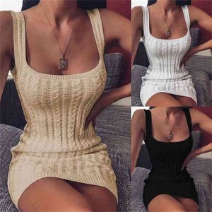 Women Dress Bodycon Knit Sleeveless Slim Solid Color Elegant Ladies Mini Evening Party Gown Sheath Warm Sundress 210522