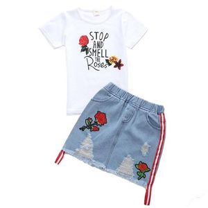 Summer Toddler Kids Girls Cotton Tops T shirt Rose Embroidered Jeans skirt Clothing Set Girl Outfits For 6 8 10 12 14 Years 210326