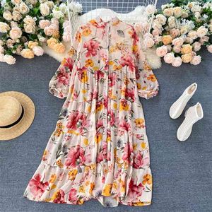 Kvinnors sommarskjorta Klänning Holiday Style Print Korean Loose Chiffon Lång Solskydd Kläder ML1007 210506