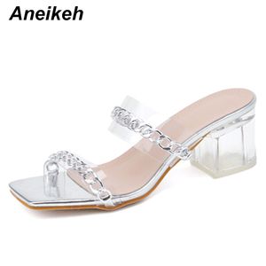 Summer Chain PVC Slides Fashion Women Heeled Peep Toe 7CM Perspex Heel High Heels Lady Slingback Mules Shoe Size 40 210507