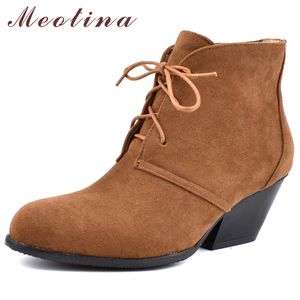 Winter Ankle Botas Mulheres Lace Up Estilo Estilo High High Heaver Curto Moda Redonda Toe Tênis Feminino Outono Grande Tamanho 4-12 210517