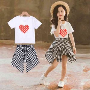 Flickor Sommarkläder Tshirt + Plaid Dress Teenage Clothing Dot Girl Outfit Children 6 8 10 12 14 210527