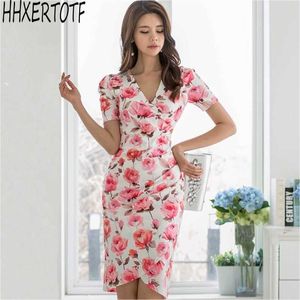 Sommer mode Elegante frauen V-ausschnitt kurzarm Mantel Bodycon Frauen drucken Bleistift Kleid 210531