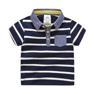 Casual 90cm 2 Years 18M 24M Baby Children Cotton Short Sleeve Turn-Down Collar Stripe Print Pocket Kids Teenage Boy T-Shirt 210625