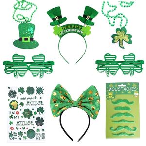 Eire Patrick's Day Accessori Party Suit Decor Set Cappello irlandese Fiocco verde Anello per capelli Shamrock Occhiali Trifoglio Calzini Fascia per capelli W7