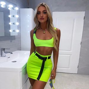 Two Piece Dress Summer Women Neon Pieces Set Skirt Bandage Crop Top And Tracksuit Outfits Streetwear 2 Festival Clothes