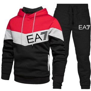Men Tracksuit Casual 2 Pieces Sets Sweatshirt Hooded Sweatpants Print Sportswear Mens Clothes Solid Jogger Sport Suit