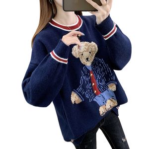 Nytt mode 2021 Kvinnor Autumn Winter Bear tröja Pullovers Casual Warm Female Sticked Cartoon Sweaters Pullover Lady rycker på axlarna