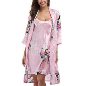 Women Robe & Gown Sets Sexy Lace Sleep Lounge Pijama Long Sleeve Ladies Nightwear Bathrobe Night Dress With Chest Pads 210831