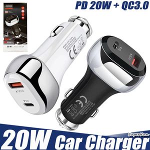 Carregador de carro rápido 20w QC3.0 + PD Tipo C 3A adaptador de carga rápida USB para celular com caixa de varejo