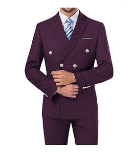 Men Suits 2 Pieces Wedding Double Breasted Blazer Pants Set Formal Business Black Gray Purple Green Blue