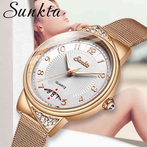 Drop Sunkta Kvalitet Rostfritt Stål Band Japan Quartz Rörelse Vattentät Kvinnor Rose Gold Ladies Luxury Wrist Watch 210517