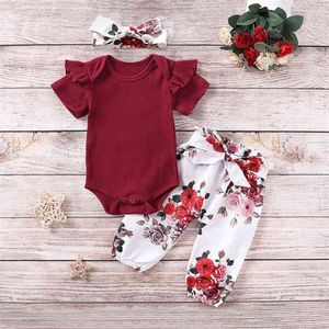 Born Baby Girl Clothing Ubrania Niemowląt Solid Romper + Kwiat Drukuj Spodnie + Zestaw do włosów 23 210816