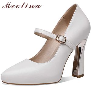 Meotina Mary Janes Schuhe Frauen Echtes Leder Super High Heels Spitz Zehe Platz Ferse Party Pumps Schnalle Weibliche Schuhe Beige 210608