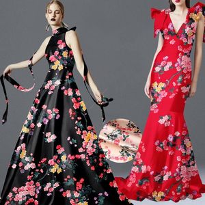 Wide MM Silk Spandex Trees Floral Print Stretch Black Red Pink Satin Fabric For Dress Cheongsam D1032