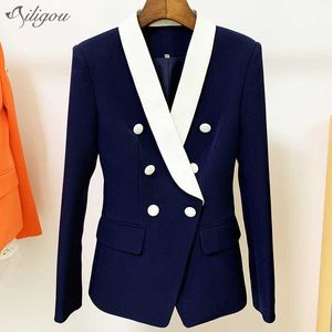 Navy Blue Jacket Coat Fashion Metal Knapp Dubbelbröst Långärmad Slim Shawl Collar Work Business Blazer Women 210527