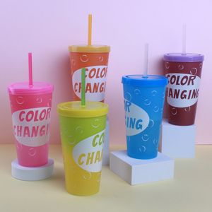 650ml färgbyte pp plast kopp återanvändbar fest vatten dryck rånar med strån variabla färger tumblers