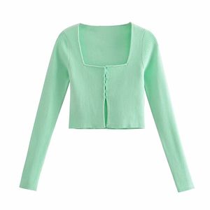 Mulheres Doces Malha Cardigan Primavera-Outono Moda Senhoras Quadrado Collar Knitwear Vintage Feminino Curto Camisola Top 210515