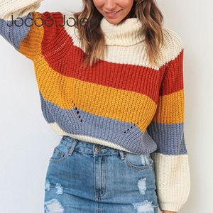 Rainbow Sweter Jesień Zima Batwing Rękaw Turtleneck Dzianiny Paski Patchwork Pulowers Koreański Harajuku Jumper Topy 210428