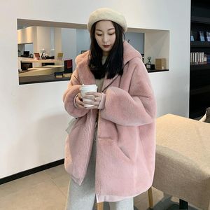 Kvinnors Fur Faux Black Long Coat Women Winter Imitation Rex Grass Mid-Length 2021 Hooded Tjock Kvinna Jacka