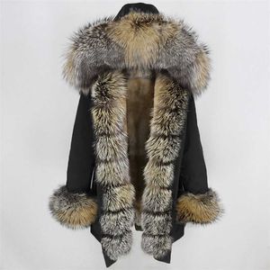 Oftbuy Vattentät Long Parka Vinterjacka Kvinnor Real Fur Coat Natural Fur Collar Hood Tjock Varm Streetwear Avtagbar 211129