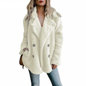 Fauxの毛皮のコートの女性冬のジャケットラペル長袖テディコート暖かい毛皮のジャケット女性オーバーコートチェッケーターY0829