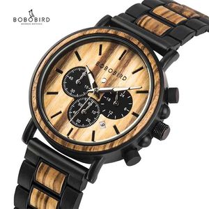 Bobo Bird Wooden Watch Mężczyźni Erkek Kol Saati Luksusowe stylowe drewniane zegarki Chronograph Wojskowe zegarki w drewnianym pudełku prezentowym 210329