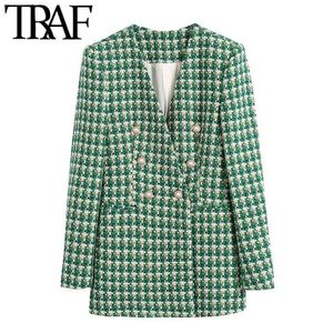 TRAF Kobiety Moda Double Breasted Tweed Blazer Płaszcz Vintage Z Długim Rękawem Welt Kieszenie Kobiet Odzież Odzieży Chic Veste Femme 211122
