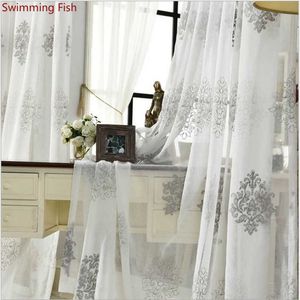 White grey Embroidered Gauze Sheer Kitchen Voile Organza Curtains Doors For Bedroom Study Curtain Living Room Tulle Drapes 1pc 210712