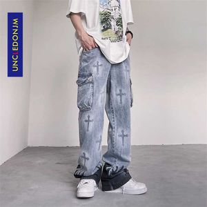 UNCLEDONJM Flame printed jeans men street wear distressed designer for graffiti cargo pants 057 211011