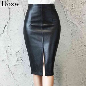 Black Leather Skirt Women Autumn Midi PU Pencil Office Sexy Package Hip Front Or Back Slit Plus Size s 5XL 210515