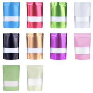 100 pcs Resealable Stand Up Saco De Embalagem De Folha De Alumínio Com Janela Para Zip Self SEAL DE ARMAZENAMENTO DE ARMAZENAMENTO DE ALIMENTO BOLSA DE PÁGINA