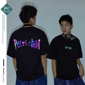 Streetwear 남성 품질 면화 반사 프린트 캐주얼 알파벳 그래픽 T 셔츠 망 셔츠 셔츠 셔츠 ropa hombre 210527