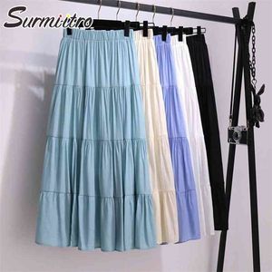 Surmiitro koreanska stil långa kjol kvinnor för vår sommar blå vit svart hög midja solskola midi pläterad kjol kvinna 210730