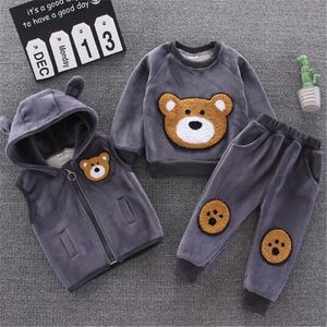 Cartoon Urso Crianças Menino Menino Roupa de Outono Outono Inverno Macio Algodão Espesso Crianças Miúdos Bebê Com Capuz Colete Calças 3pcs Terno