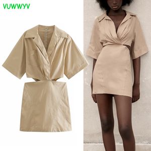 Klänningar för kvinnor mode khaki skär ut high street mini klänning kvinna sommar går vestidos kortärmad framficka 210430