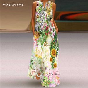 Wayoflove mode semester strand klänning vintage casual plus storlek långa klänningar sommar kvinna ärmlös tjej blommig tryck klänning 210602