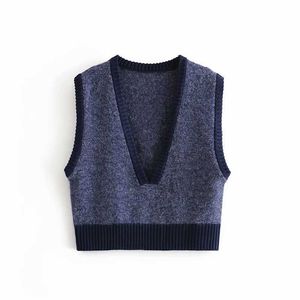 Zevity Women Fashion V Neck Patchwork Knitting Kamizelka Kurtka Panie Biurowe Bez Rękawów Dorywczo Slim Kamizelki Chic Topy S416 210603